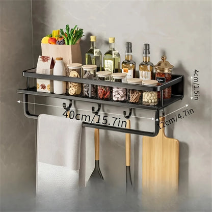 DH Multi-Functional Storage Rack 40×12×4 cm met haken en handdoekhouder. Ideaal voor olie, kruiden, keukengerei en snijplanken. Stijlvol en ruimtebesparend.