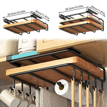 DH Organizer Rack 30×26.5×3 cm, onder kast gemonteerd. Met meerdere haken voor mokken, keukengerei en keukenrol. Praktisch, stevig en stijlvol design.