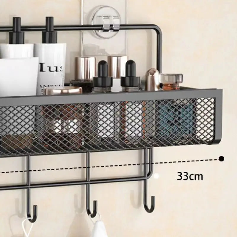 Zwart metalen wandrek van 33 cm met gaasontwerp en haken, ideaal voor badkamer- of keukenopslag – stijlvol en ruimtebesparend