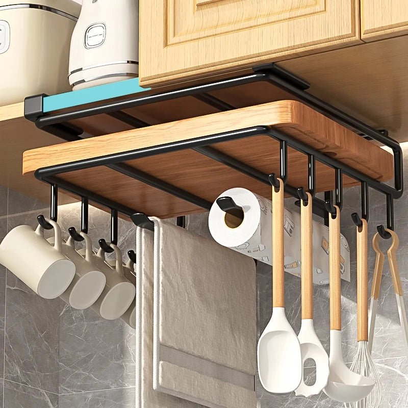 DH Organizer Rack onder keukenkast met haken voor mokken, keukengerei en keukenrol. Inclusief ruimte voor handdoeken en snijplanken. Slim & stijlvol ontwerp.