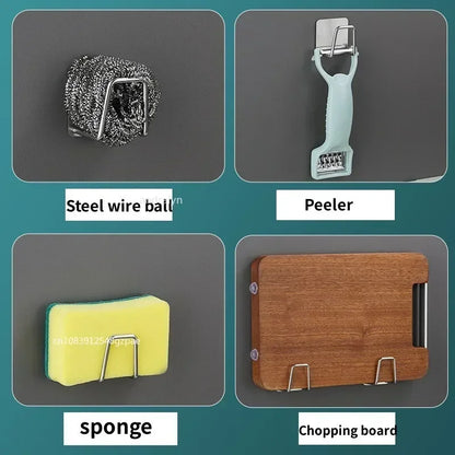 DH Wall Hooks, veelzijdig zelfklevend ophangsysteem voor schuursponsjes, dunschillers, snijplanken en keukenaccessoires. Stevig & praktisch.