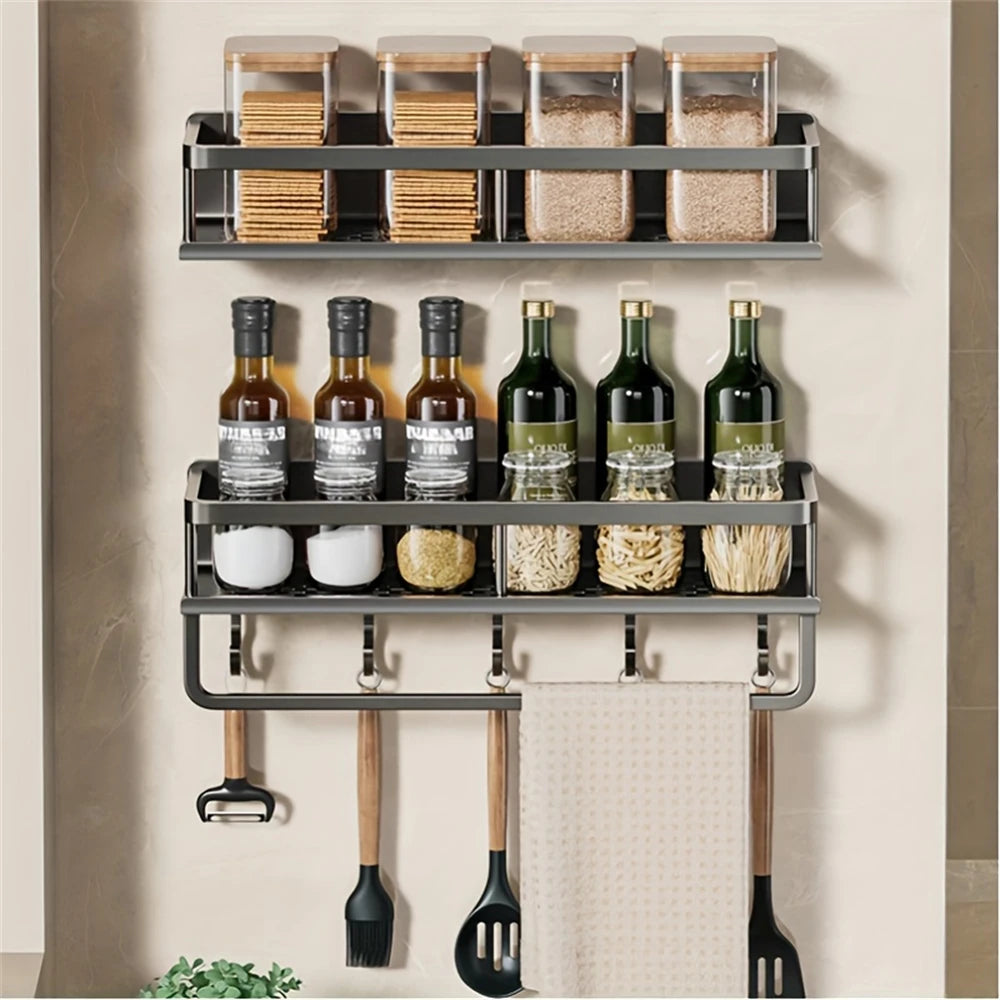 DH Multi-Functional Storage Rack in tweedelige set. Ideaal voor het organiseren van flessen, kruiden, keukenhulpen en handdoeken aan de muur.