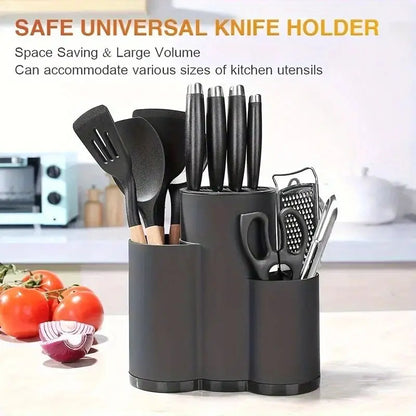 Universele messenhouder en keukenorganizer zwart, ruimtebesparend ontwerp met ruime vakken voor messen, scharen, spatels en ander keukengerei – ideaal voor een nette en veilige keuken.