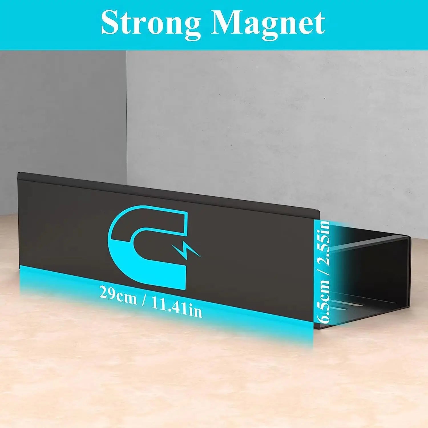 "Zwart DH Magnetic Fridge Shelf met sterke magneet, afmetingen 29 cm breed en 6,5 cm hoog – perfect voor koelkast of metalen wand