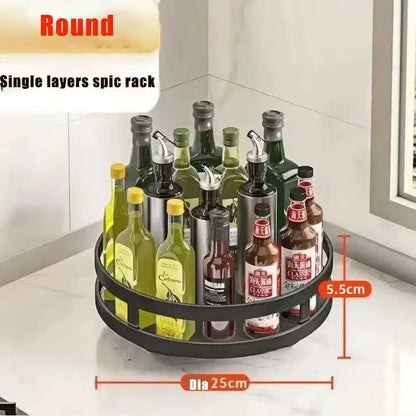 Rond enkel-laags DH Spice Rack met diameter van 25 cm en hoogte van 5.5 cm, gevuld met flessen olie en sauzen op aanrecht