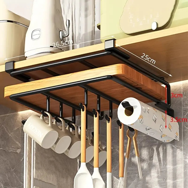 DH Organizer Rack 26.5×25×3.5 cm met haken en rolhouder. Onderkastrek voor mokken, keukentools en keukenrol. Maximaliseer ruimte in stijl.